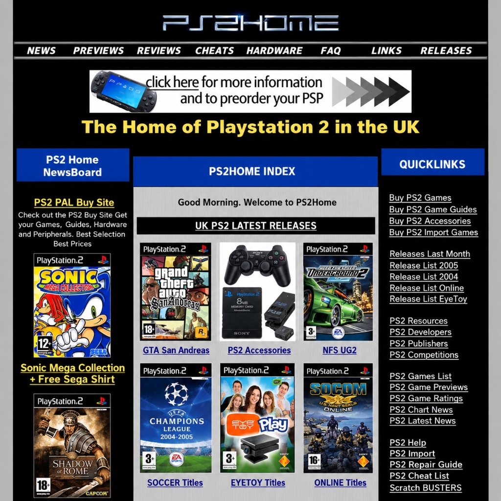 PS2Home as it looked in the mid-2000s — the classic FrontPage-era layout