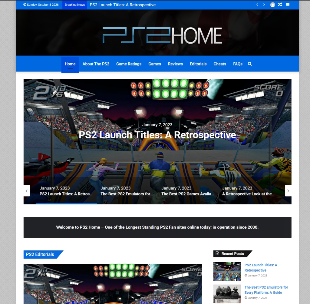 PS2Home in 2026 — the WordPress-era design with the blue bar and breaking-news ticker, just before the rebuild